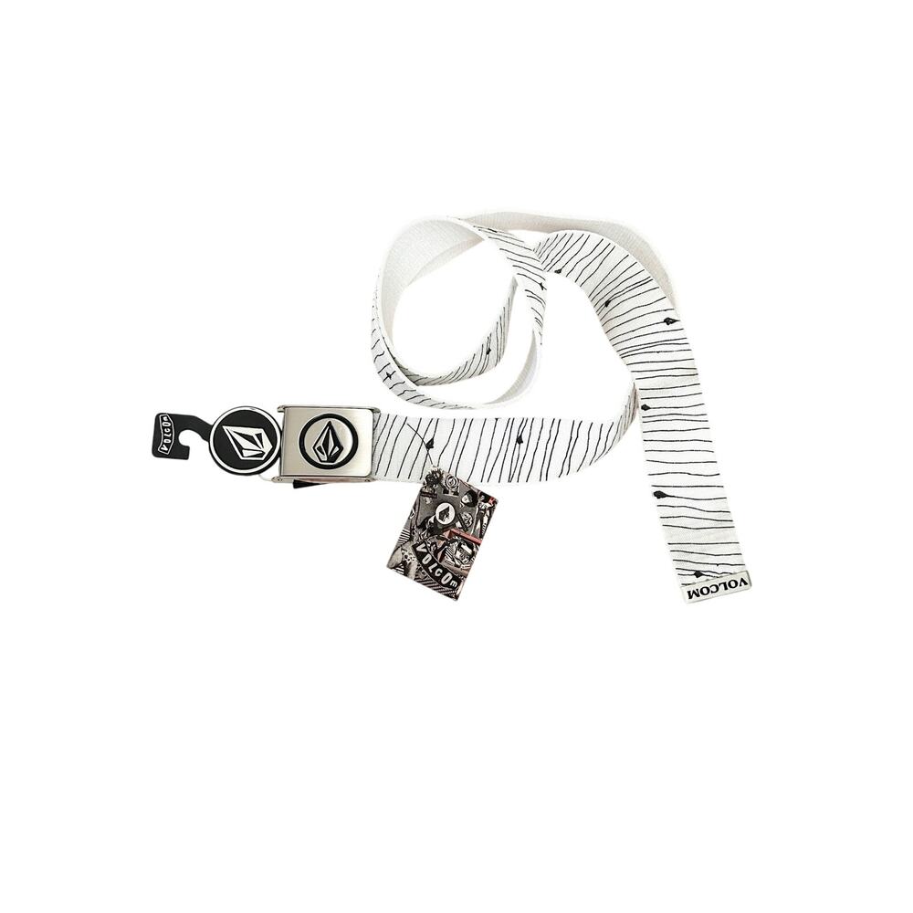 VOLCOM Web Belt 48" White Black Striped Metal Logo Buckle Skate NWT